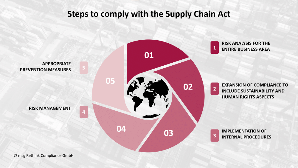 Graphic shows the five steps to comply with the Supply Chain Due Diligence Act (LkSG): Risk analysis, expansion of compliance to include sustainability and human rights, implementation of internal procedures, risk management, and appropriate prevention measures.