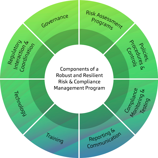 Visual overview of the components of a robust and resilient Risk & Compliance Management Program: governance, risk assessment, policies & controls, monitoring & testing, reporting, training, technology, and regulatory coordination.