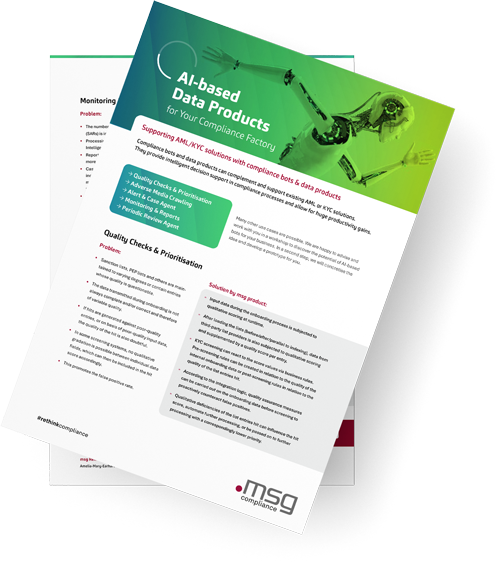 Preview Image of the AI-based Data Products solution sheet for AML/KYC compliance: includes robot visual, product overview and key features.