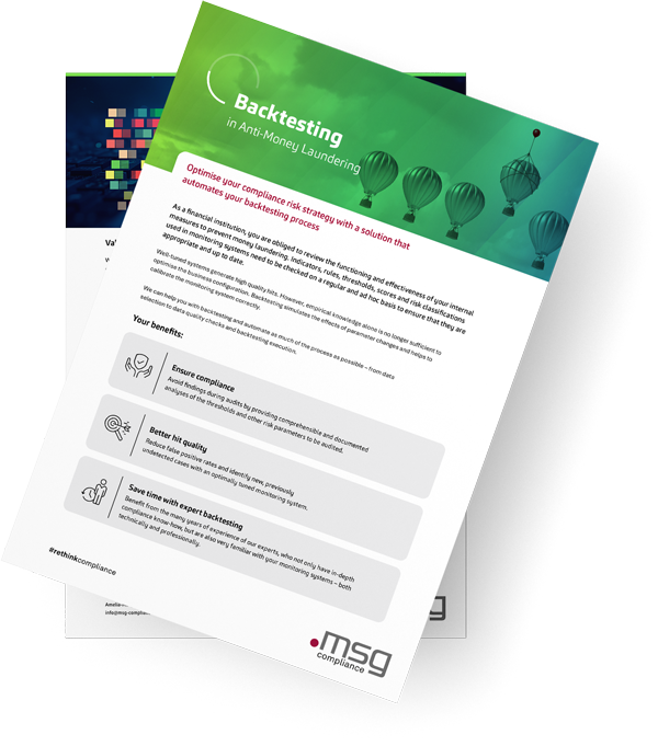 Preview of the datasheet “Backtesting in Anti-Money Laundering” highlighting compliance strategy, hit quality, and expert support