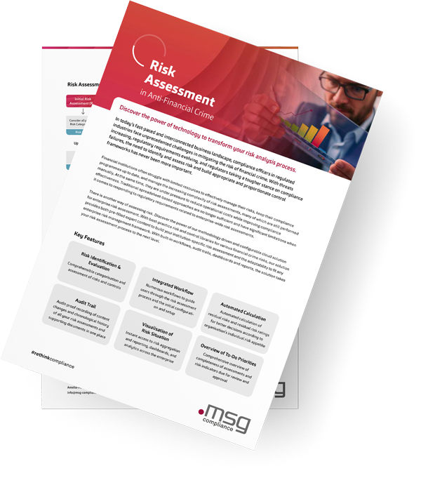 Preview image of the datasheet “Risk Assessment in Anti-Financial Crime” – technology-powered risk analysis for stronger enterprise-wide risk management.