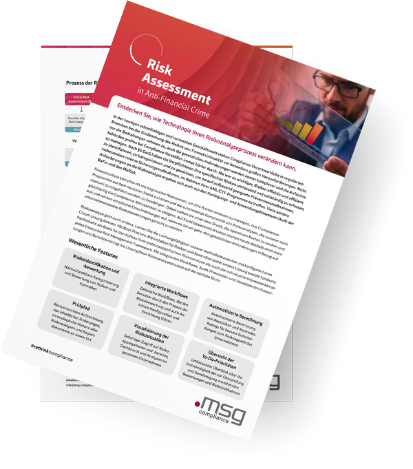 Vorschaubild des Datenblatts „Risk Assessment in Anti-Financial Crime“ – Technologiegestützte Risikoanalyse zur Stärkung unternehmensweiter Risikomanagementprozesse.
