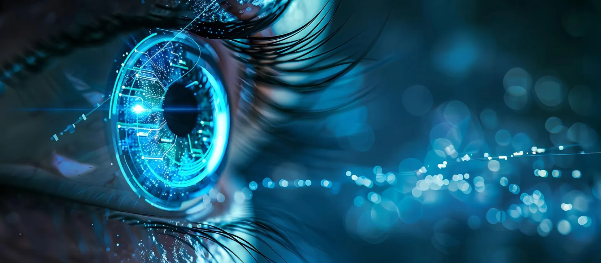 Symbolic image for AI Compliance Framework: Close-up of a blue eye with digital structures – symbolizing AI-powered compliance monitoring