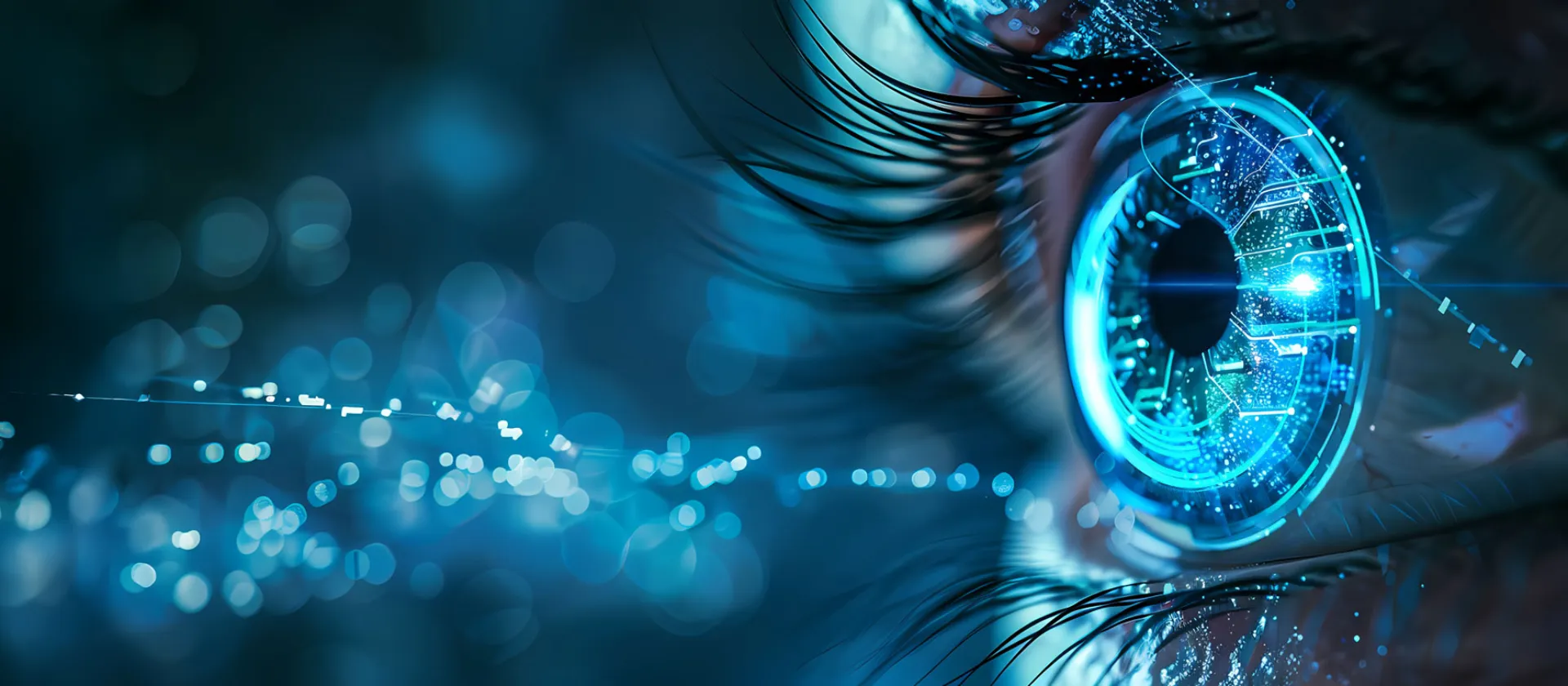 Symbolic image for  AI Compliance Framework: Close-up of a blue eye with digital structures – symbolizing AI-powered compliance monitoring