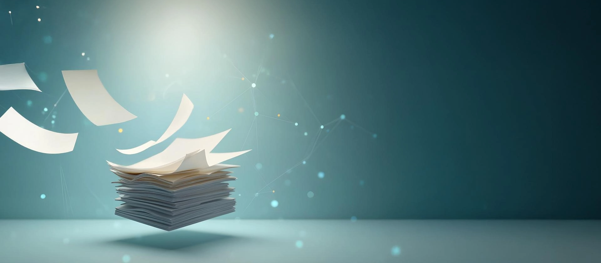 Symbolic image for compliance outsourcing: Stack of papers with sheets flying away on a digital background – representing relief, automation, and externalisation of compliance processes.