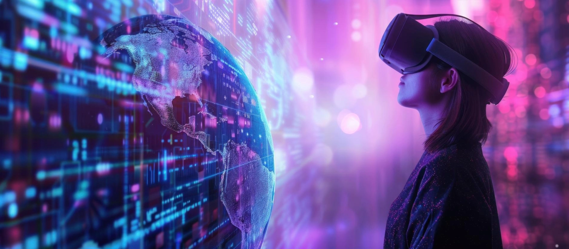Symbolic image of technological innovation: Woman wearing VR goggles looking at a digital globe – representing future technology, digital transformation, and global developments in the context of news and events.