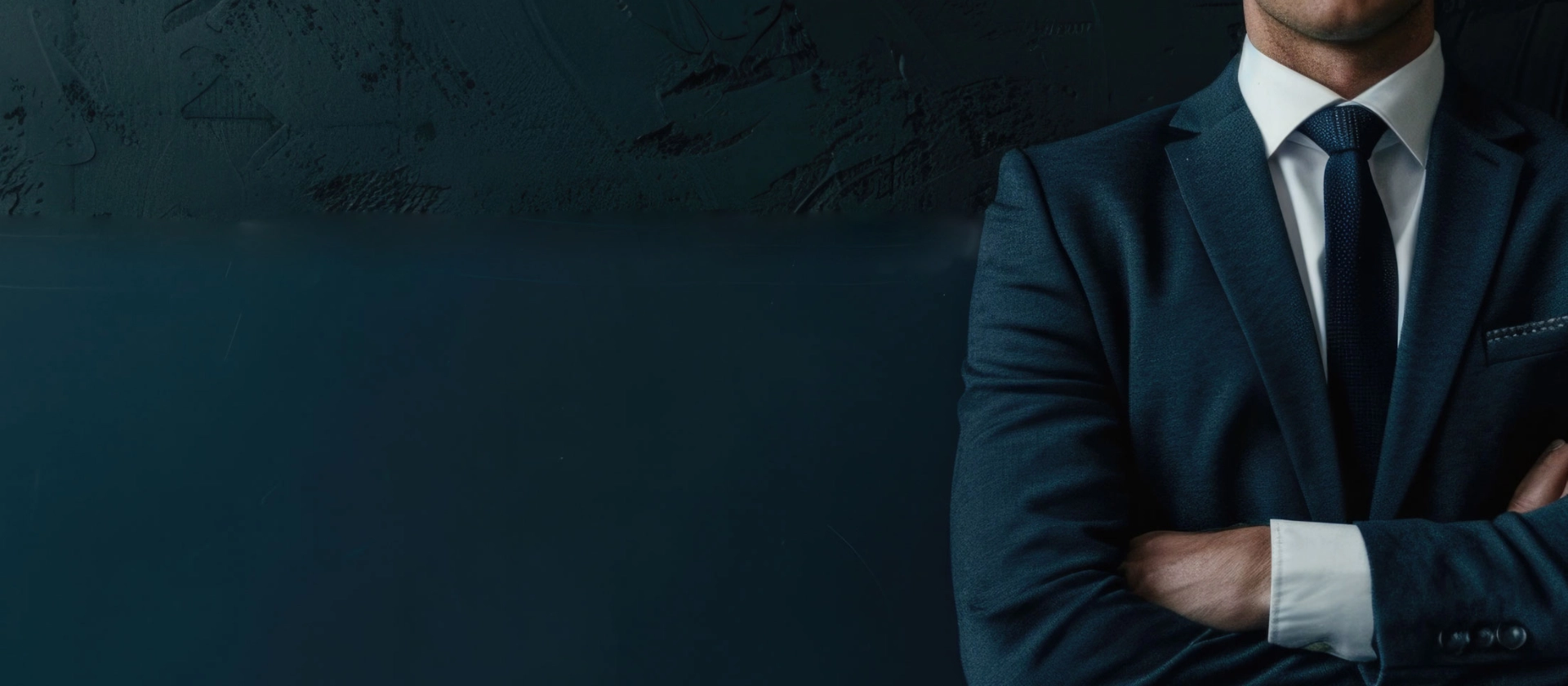 Professional consultant in dark suit with arms crossed in front of textured wall – symbolic header image for Advisory & Consulting Services in the field of anti-financial crime compliance.