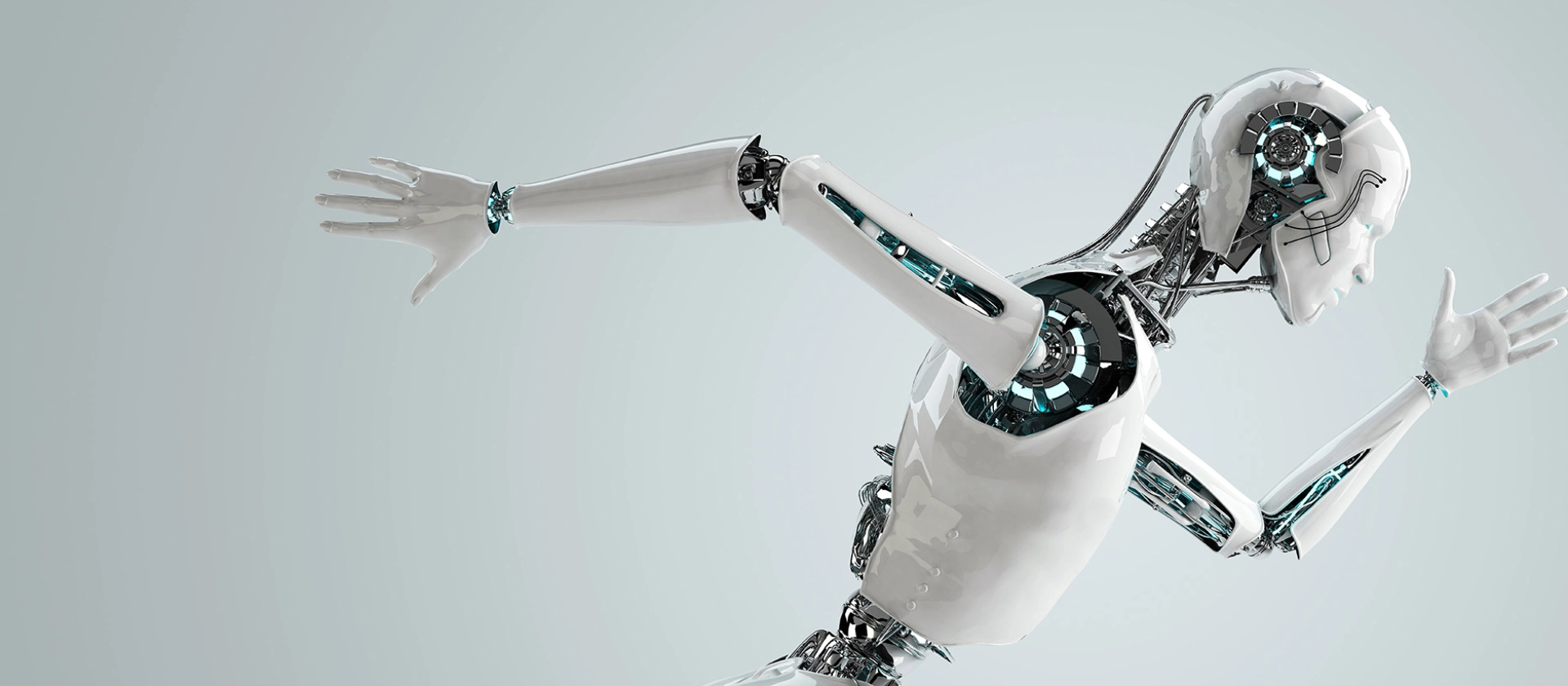 Symbolic image for AI-based data products: White humanoid robot in running motion – representing speed, automation, precision, and future-ready compliance technology.