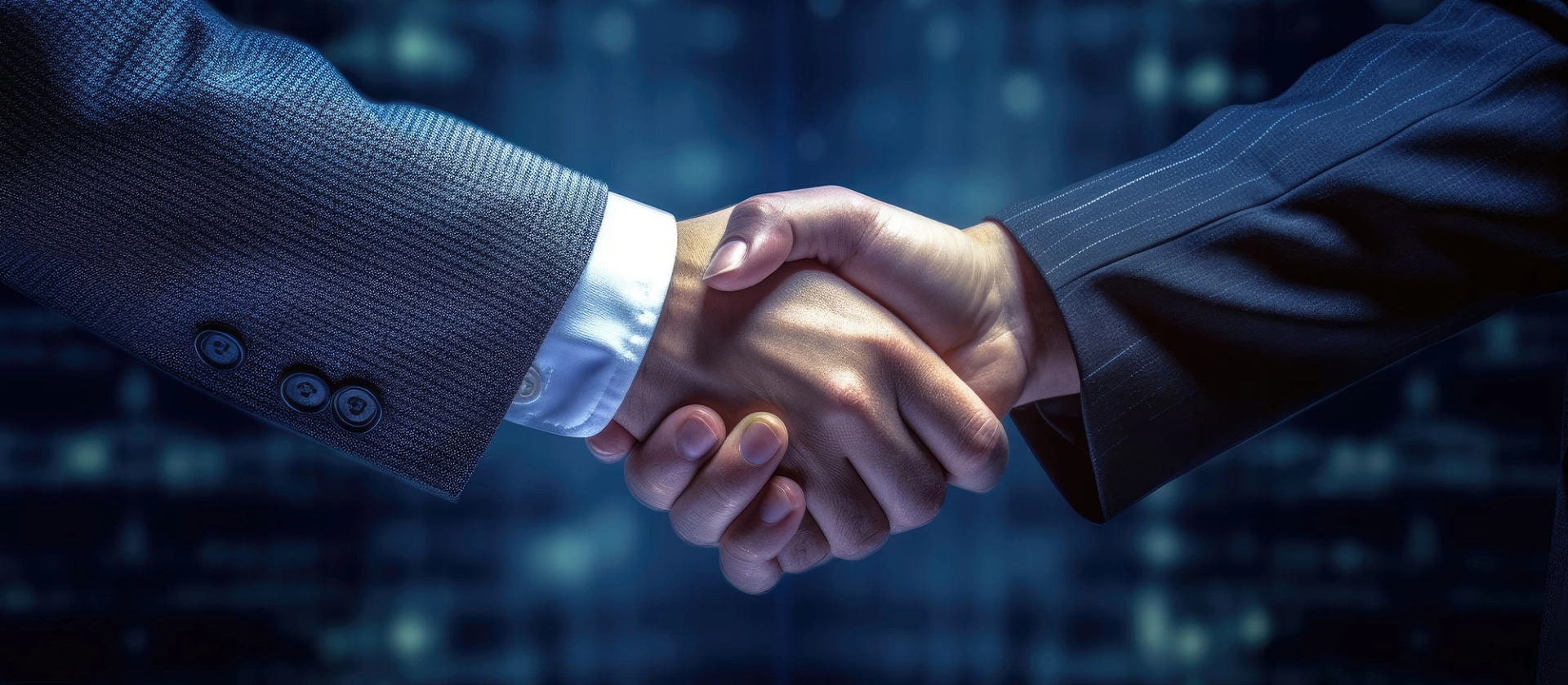 Symbolic image for partnerships: Two hands shaking in front of a cityscape, overlaid with silhouettes of businesspeople – symbolizing trusted collaboration, networking, and shared innovation in the compliance and RegTech ecosystem.