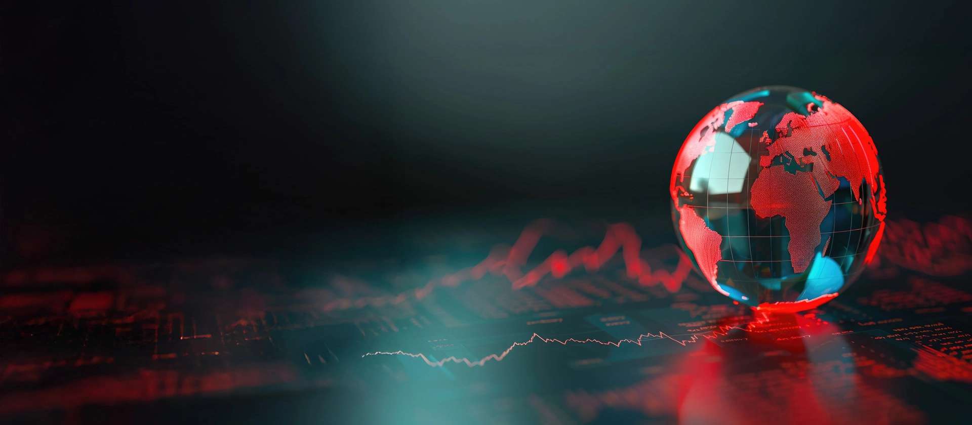 Symbolic image for country risk assessment: Illuminated globe on a digital data surface with red risk graphs – representing geopolitical risk analytics, global ESG/compliance insights, and structured country risk evaluations.