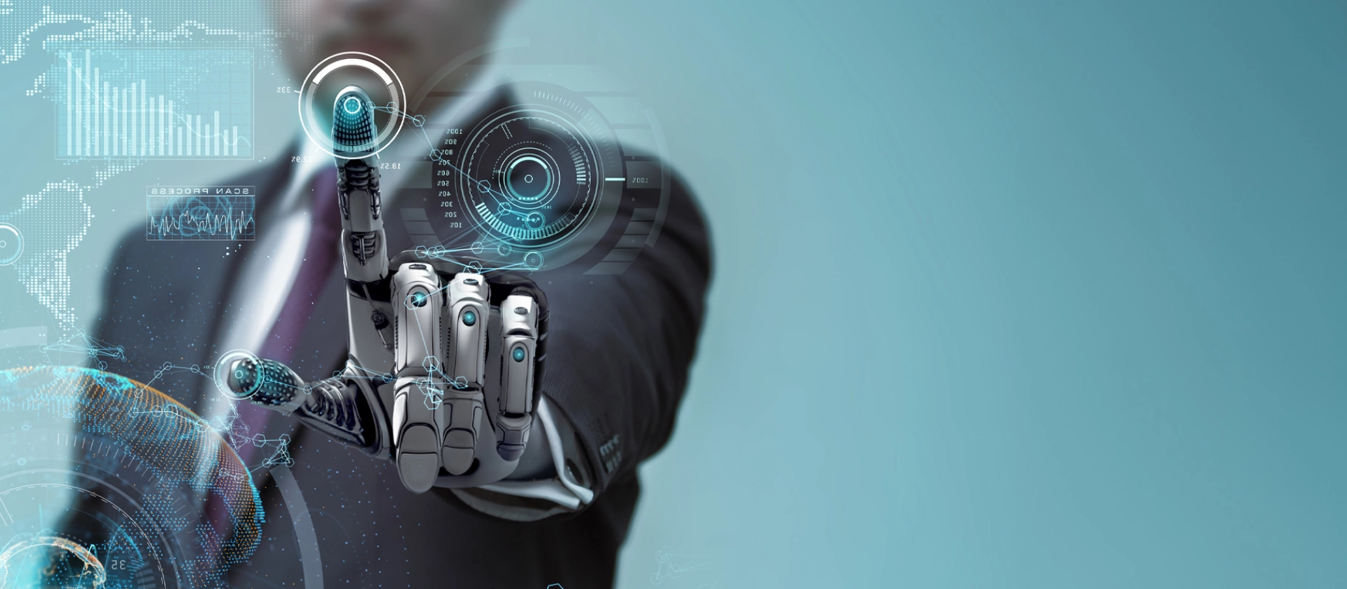 Symbolic image for digital compliance solutions: Businessperson with robotic hand interacting with a futuristic interface – representing AI-powered technology in the fight against financial crime.