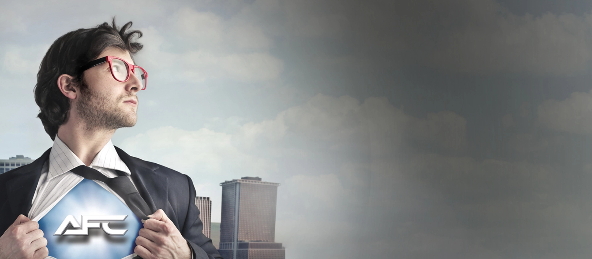 Symbolic image for a career in AFC compliance: Businessman opens his shirt like a superhero, revealing an AFC logo – representing commitment, responsibility, and courage in the fight against financial crime.
