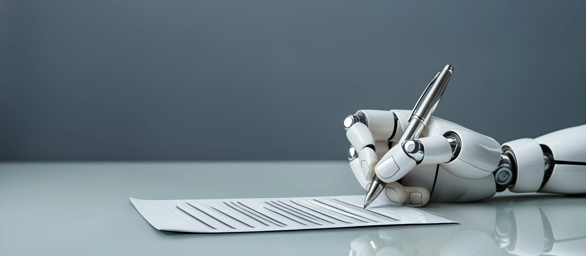 Symbolic image for AI-based regulatory monitoring: Robotic hand writing with a pen on a document – representing automated analysis, documentation, and intelligent governance in compliance.