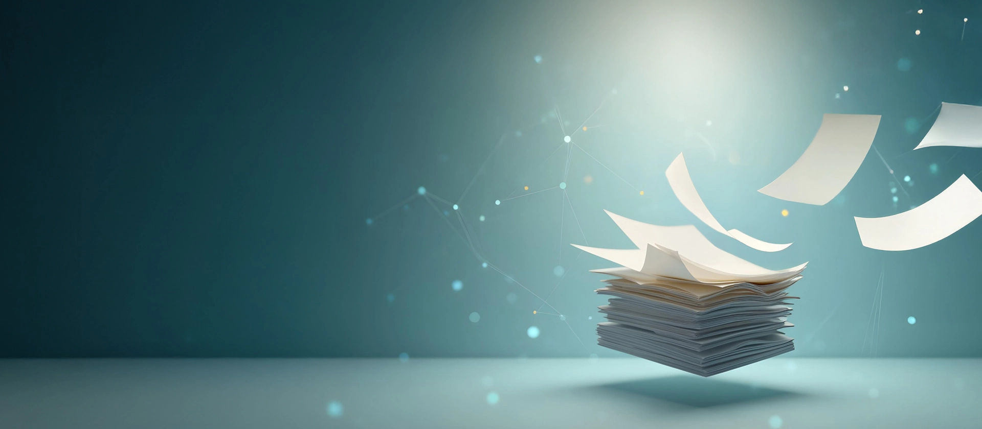 Symbolic image for compliance outsourcing: Stack of papers with sheets flying away on a digital background – representing relief, automation, and externalisation of compliance processes.