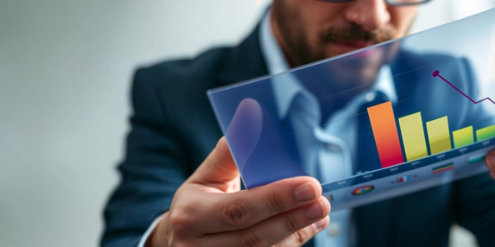 Symbolic image for risk analysis: Businessman holding a transparent digital display with bar and line charts – representing data-driven risk identification, visualization, and decision support in anti-financial crime compliance.