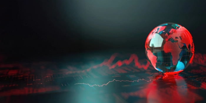 Symbolic image for country risk assessment: Illuminated globe on a digital data surface with red risk graphs – representing geopolitical risk analytics, global ESG/compliance insights, and structured country risk evaluations.