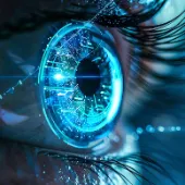 Symbolic image for AI Compliance Framework: Close-up of a blue eye with digital structures – symbolizing AI-powered compliance monitoring