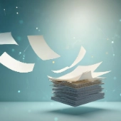 Symbolic image for compliance outsourcing: Stack of papers with sheets flying away on a digital background – representing relief, automation, and externalisation of compliance processes.