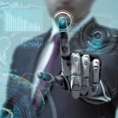 Symbolic image for digital compliance solutions: Businessperson with robotic hand interacting with a futuristic interface – representing AI-powered technology in the fight against financial crime.