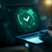 Symbolic image for digital compliance services: Laptop displaying a green checkmark on a futuristic interface – representing automation, efficiency, and secure, scalable compliance solutions for the digital era.