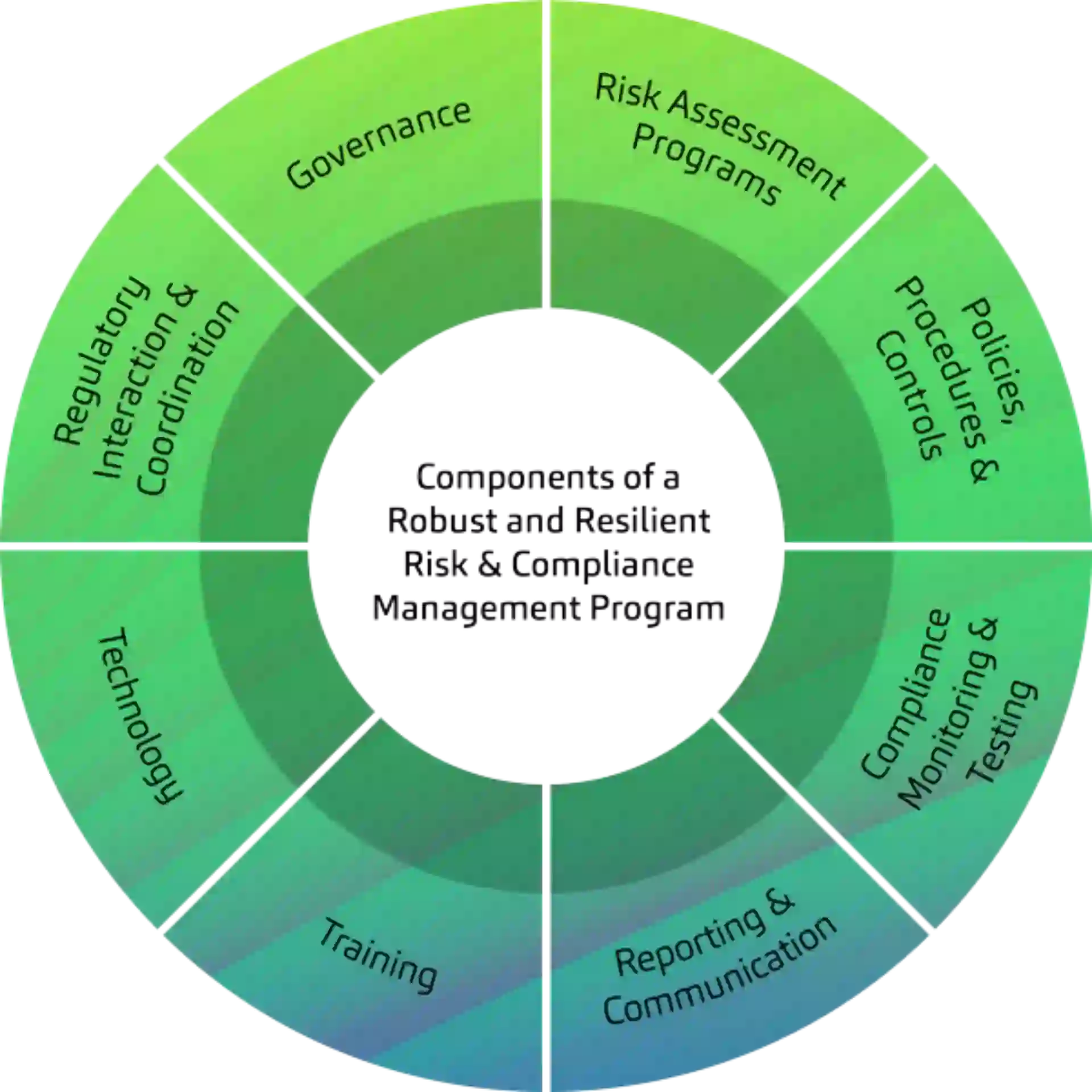 Visual overview of the components of a robust and resilient Risk & Compliance Management Program: governance, risk assessment, policies & controls, monitoring & testing, reporting, training, technology, and regulatory coordination.