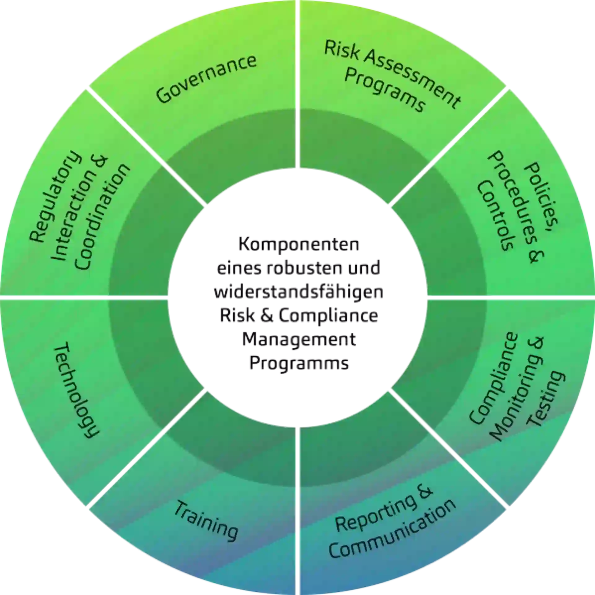 Visualisierung der Komponenten eines robusten und widerstandsfähigen Risk & Compliance Management Programms: Governance, Risikoanalyse, Richtlinien & Kontrollen, Überwachung & Tests, Reporting, Schulungen, Technologie sowie regulatorische Abstimmung.