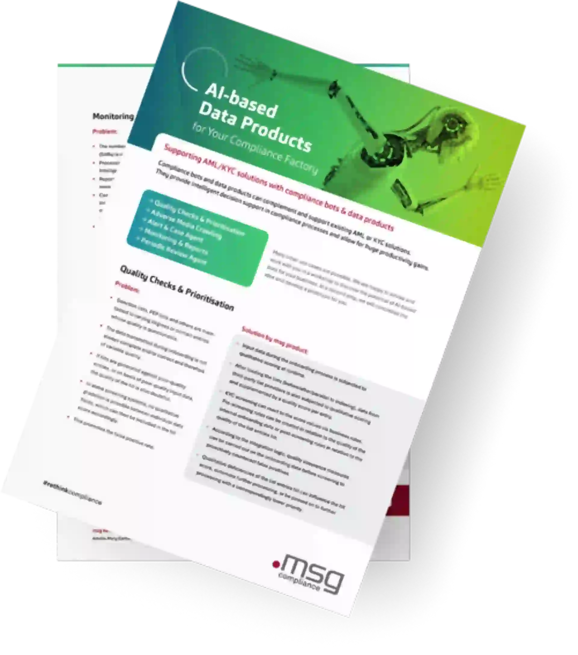 Preview Image of the AI-based Data Products solution sheet for AML/KYC compliance: includes robot visual, product overview and key features.