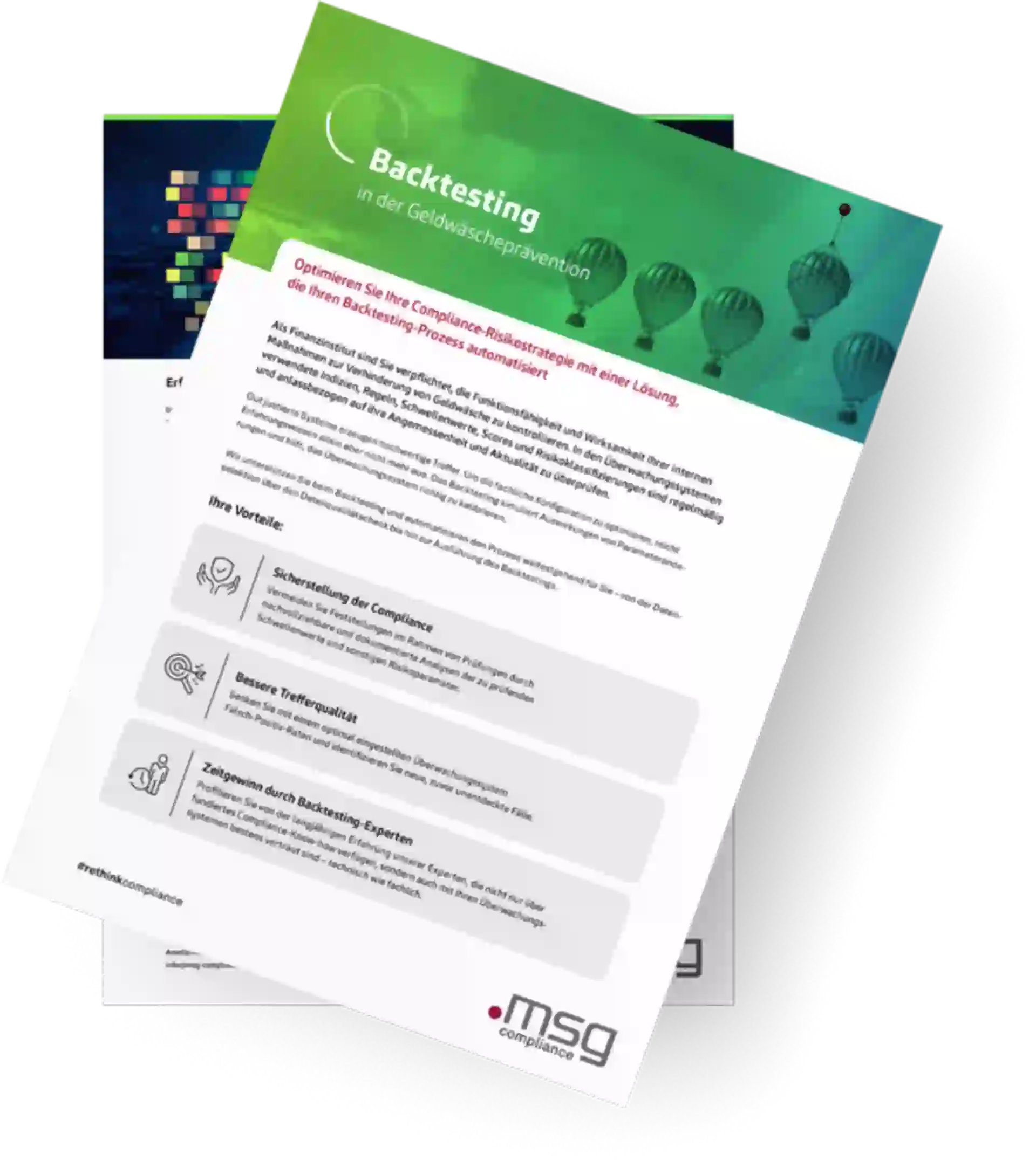 Vorschau des Datenblatts „Backtesting in der Geldwäscheprävention“ mit Informationen zu Compliance-Strategien, Treffergenauigkeit und Expertenunterstützung