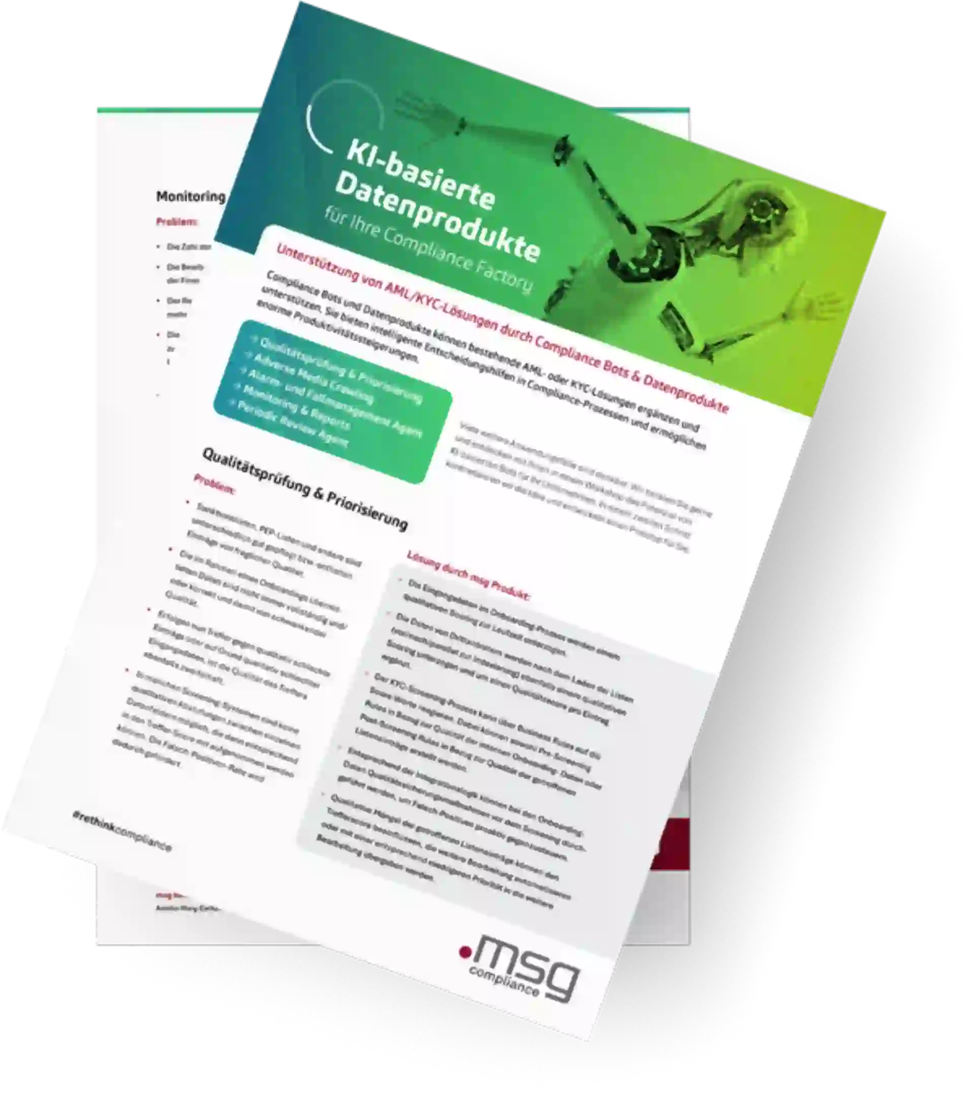 Vorschauansicht des Datenblatts zu KI-basierten Datenprodukten für AML/KYC-Compliance: zeigt Robotergrafik, Produktbeschreibung und Feature-Liste.
