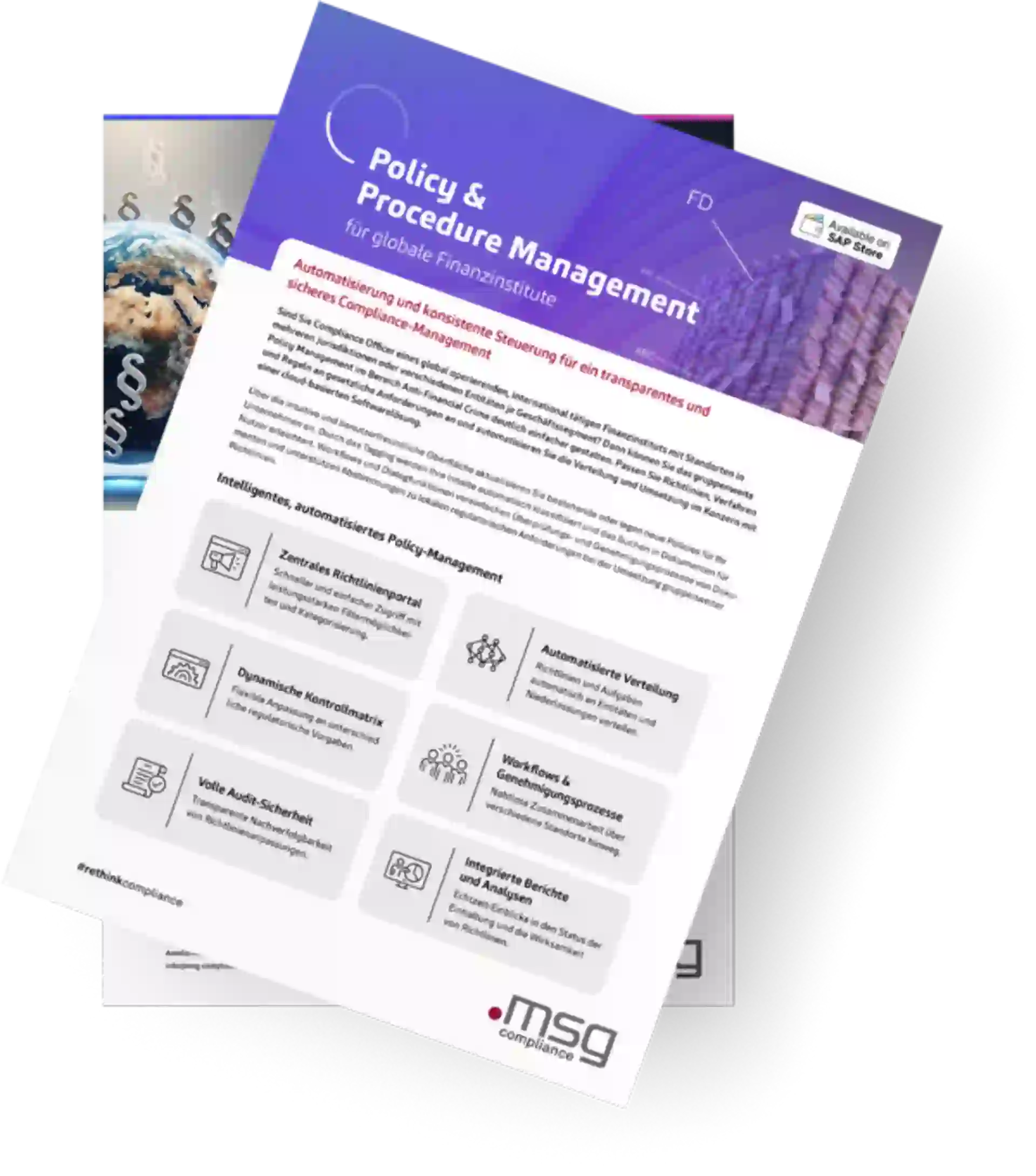 Vorschau des Datenblatts „Policy & Procedure Management für globale Finanzinstitute“ – automatisiertes, transparentes und sicheres Richtlinienmanagement in der Anti-Financial Crime Compliance.